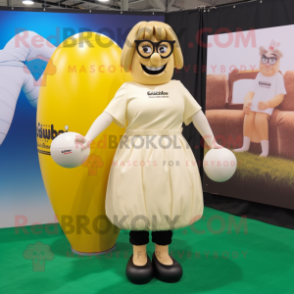 Cream Rugby Ball mascot costume character dressed with a Maxi Skirt and Eyeglasses