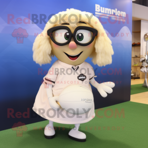 Cream Rugby Ball mascot costume character dressed with a Maxi Skirt and Eyeglasses