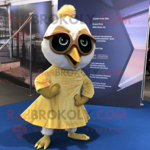 Gold Gosling mascot costume character dressed with a Wrap Skirt and Sunglasses