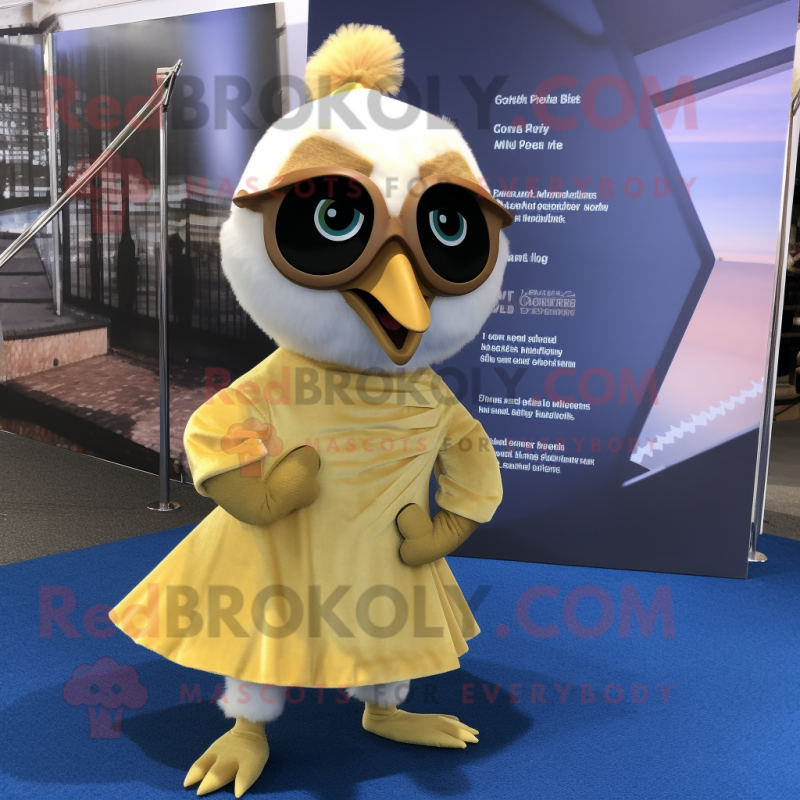 Gold Gosling mascot costume character dressed with a Wrap Skirt and Sunglasses Gold Gosling mascot costume character dressed with a Wrap Skirt and Sunglasses