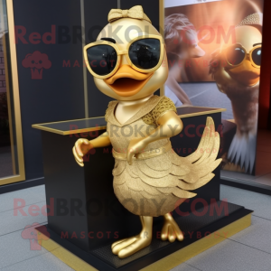 Gold Gosling mascot costume character dressed with a Wrap Skirt and Sunglasses