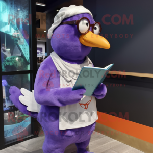 Purple Gull mascot costume character dressed with a Jeggings and Reading glasses