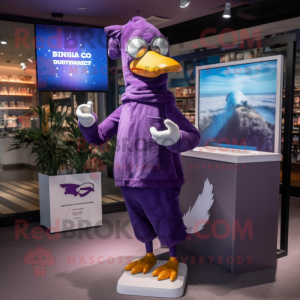 Purple Gull mascot costume character dressed with a Jeggings and Reading glasses