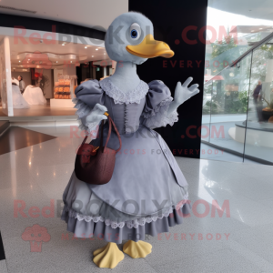 Gray Muscovy Duck mascot costume character dressed with a Ball Gown and Clutch bags