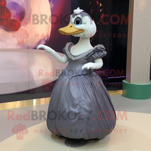 Gray Muscovy Duck mascot costume character dressed with a Ball Gown and Clutch bags