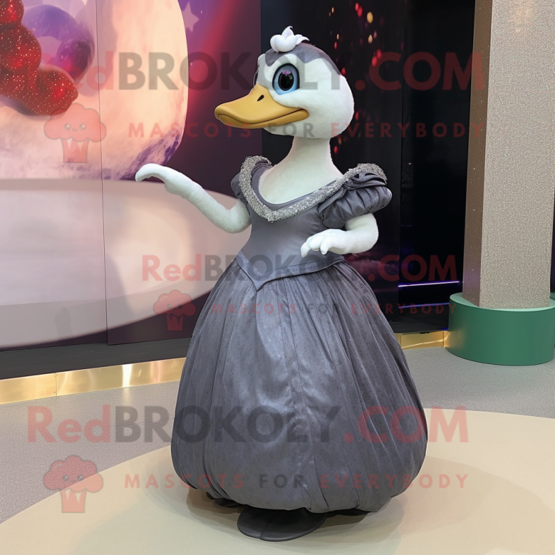 Gray Muscovy Duck mascot costume character dressed with a Ball Gown and Clutch bags Gray Muscovy Duck mascot costume character dressed with a Ball Gown and Clutch bags