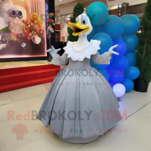 Gray Muscovy Duck mascot costume character dressed with a Ball Gown and Clutch bags