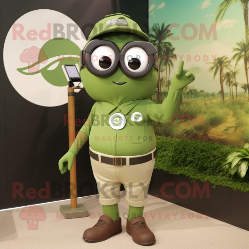 Olive Camera mascot costume character dressed with a Polo Tee and Sunglasses