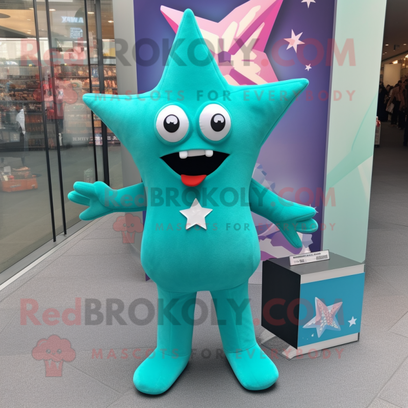 Teal Starfish mascot costume character dressed with a Jacket and Clutch bags