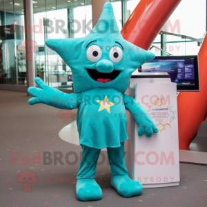 Teal Starfish mascot costume character dressed with a Jacket and Clutch bags