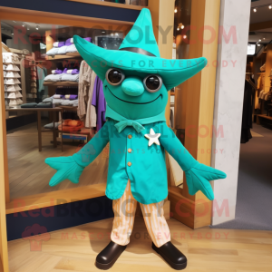 Teal Starfish mascot costume character dressed with a Jacket and Clutch bags