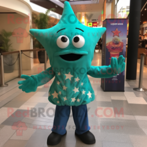 Teal Starfish mascot costume character dressed with a Jacket and Clutch bags