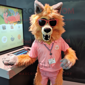 Peach Werewolf mascot costume character dressed with a Button-Up Shirt and Sunglasses