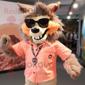 Peach Werewolf mascot costume character dressed with a Button-Up Shirt and Sunglasses