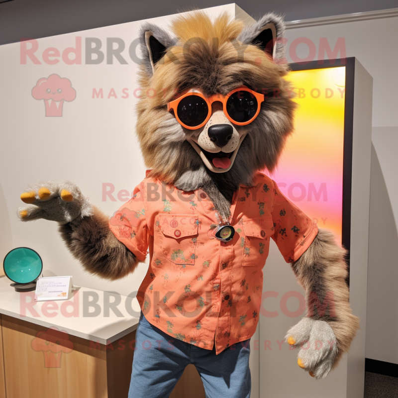 Peach Werewolf mascot costume character dressed with a Button-Up Shirt and Sunglasses Peach Werewolf mascot costume character dressed with a Button-Up Shirt and Sunglasses