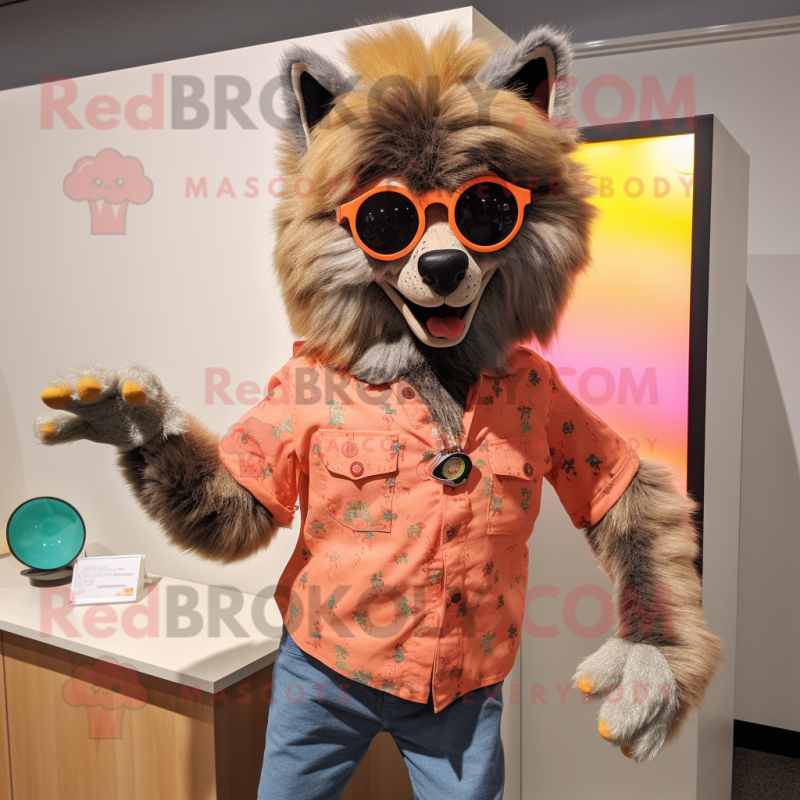 Peach Werewolf mascot costume character dressed with a Button-Up Shirt and Sunglasses