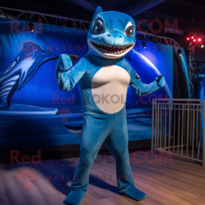 Blue Shark mascot costume character dressed with a Bikini and Beanies