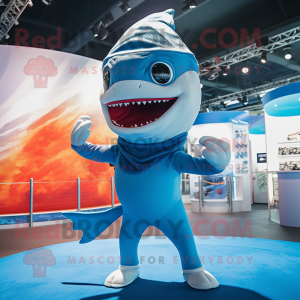 Blue Shark mascot costume character dressed with a Bikini and Beanies
