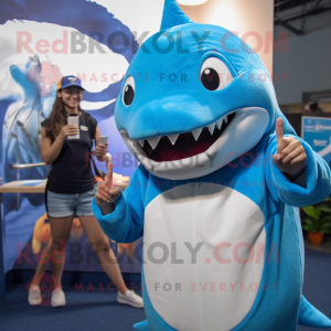 Blue Shark mascot costume character dressed with a Bikini and Beanies