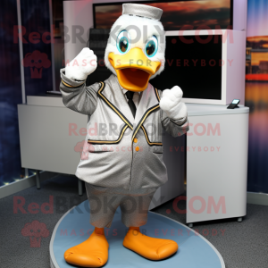 Silver Duck mascot costume character dressed with a Corduroy Pants and Cufflinks