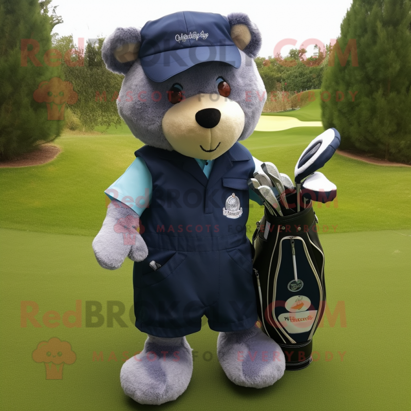 Personaje del traje de la mascota de la bolsa de golf azul marino vestido con un peto y llaveros