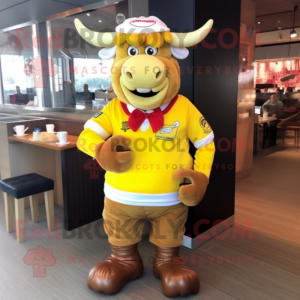 Yellow Beef Stroganoff mascot costume character dressed with a Rugby Shirt and Pocket squares