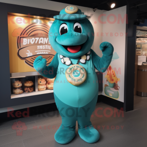 Teal Bagels mascot costume character dressed with a Graphic Tee and Necklaces