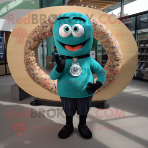 Teal Bagels mascot costume character dressed with a Graphic Tee and Necklaces