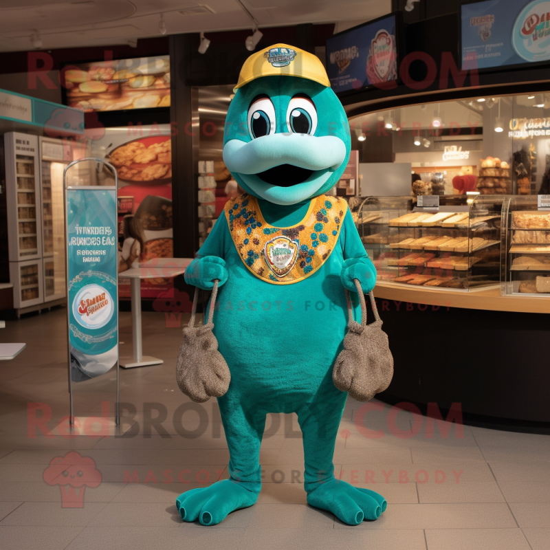 Teal Bagels mascot costume character dressed with a Graphic Tee and Necklaces Teal Bagels mascot costume character dressed with a Graphic Tee and Necklaces