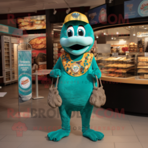 Teal Bagels mascot costume character dressed with a Graphic Tee and Necklaces