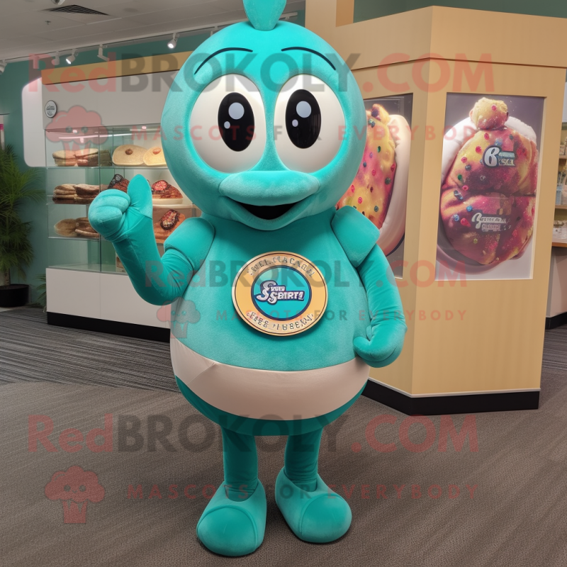 Teal Bagels mascot costume character dressed with a Graphic Tee and Necklaces Teal Bagels mascot costume character dressed with a Graphic Tee and Necklaces
