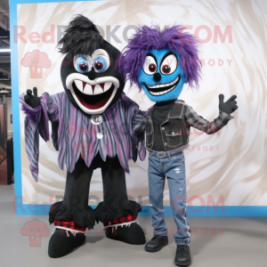 Black Evil Clown mascot costume character dressed with a Boyfriend Jeans and Scarves