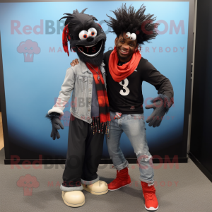 Black Evil Clown mascot costume character dressed with a Boyfriend Jeans and Scarves