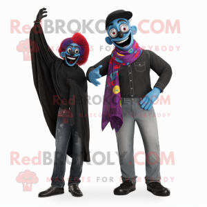 Black Evil Clown mascot costume character dressed with a Boyfriend Jeans and Scarves