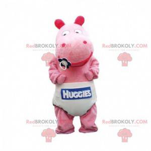 Mascote hipopótamo rosa bebê com uma fralda - Redbrokoly.com