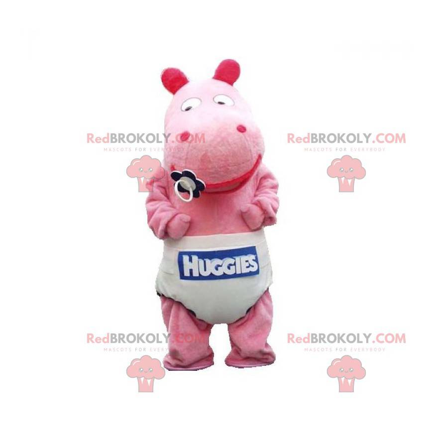 Mascote hipopótamo rosa bebê com uma fralda - Redbrokoly.com