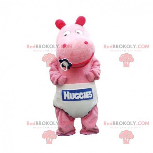 Mascotte ippopotamo rosa baby con un pannolino - Redbrokoly.com