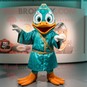 Turquoise Mandarin mascot costume character dressed with a Chinos and Hairpins