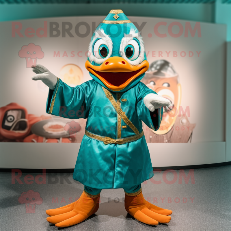 Turquoise Mandarin mascot costume character dressed with a Chinos and Hairpins Turquoise Mandarin mascot costume character dressed with a Chinos and Hairpins