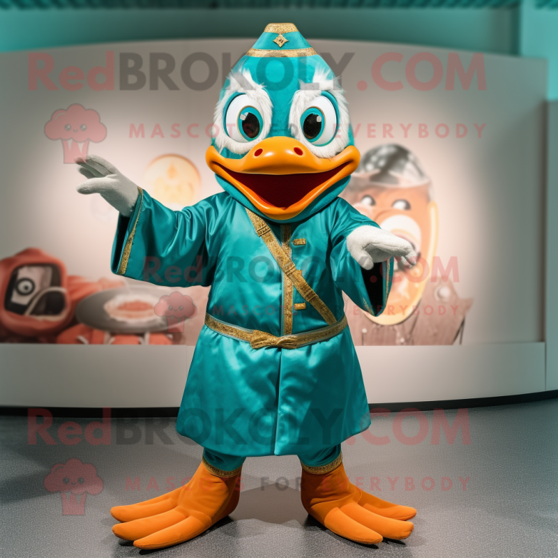 Turquoise Mandarin mascot costume character dressed with a Chinos and Hairpins