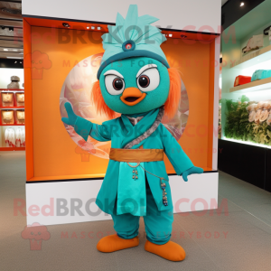 Turquoise Mandarin mascot costume character dressed with a Chinos and Hairpins