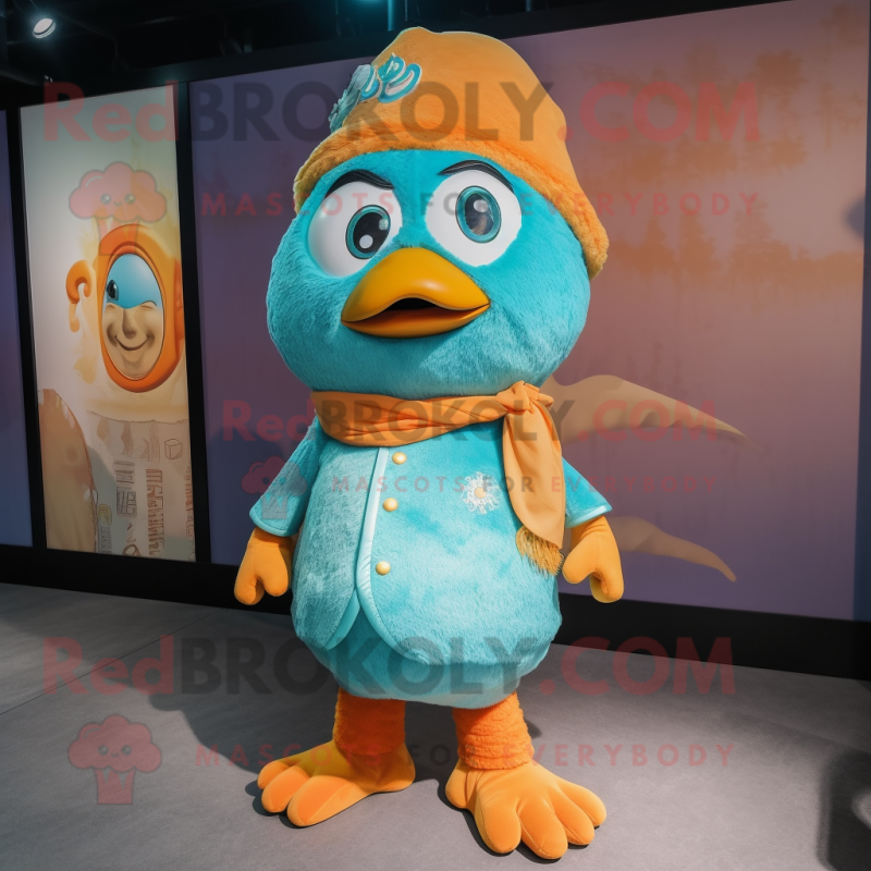 Turquoise Mandarin mascot costume character dressed with a Chinos and Hairpins