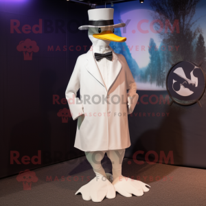 White Swans mascot costume character dressed with a Suit Jacket and Hat pins