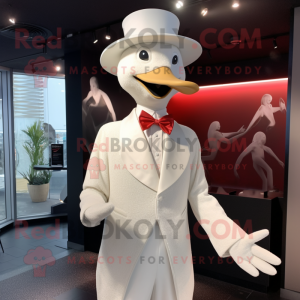 White Swans mascot costume character dressed with a Suit Jacket and Hat pins