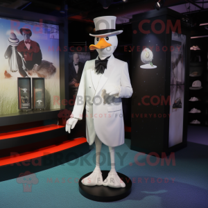 White Swans mascot costume character dressed with a Suit Jacket and Hat pins