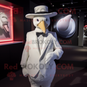 White Swans mascot costume character dressed with a Suit Jacket and Hat pins