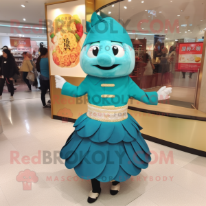 Teal Dim Sum mascot costume character dressed with a Mini Skirt and Cummerbunds