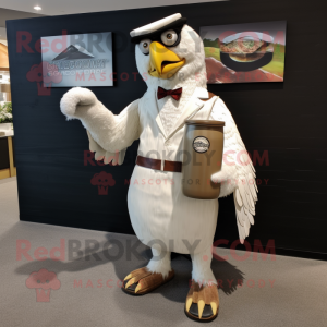 Cream Hawk mascot costume character dressed with a Cocktail Dress and Messenger bags