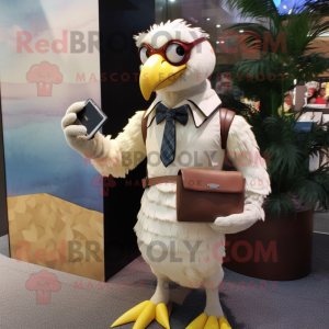 Cream Hawk mascot costume character dressed with a Cocktail Dress and Messenger bags