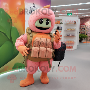 Peach Commando mascot costume character dressed with a Vest and Handbags